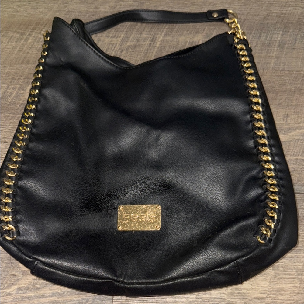 Bebe Black Hobo Bag with Gold Accents